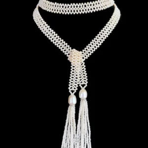 Lace Woven Open Pearl Sautoir with Diamond Encrusted Silver Tassels