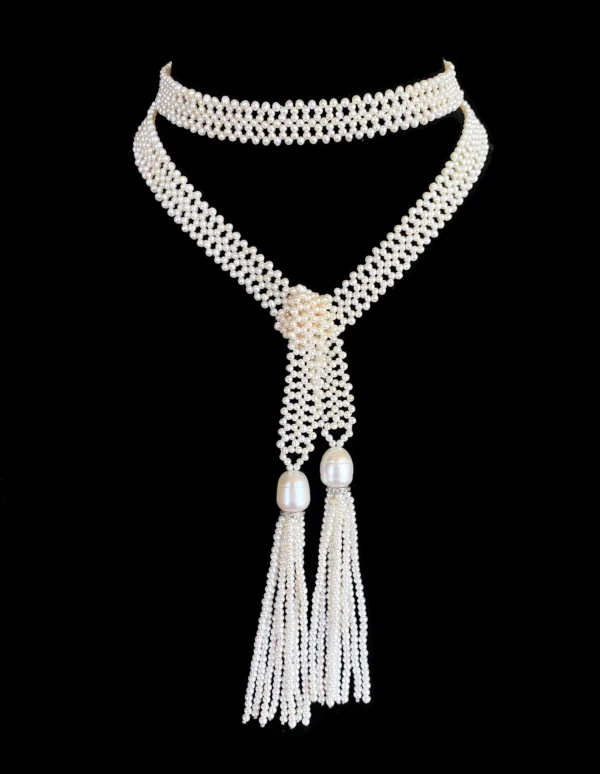 Lace Woven Open Pearl Sautoir with Diamond Encrusted Silver Tassels