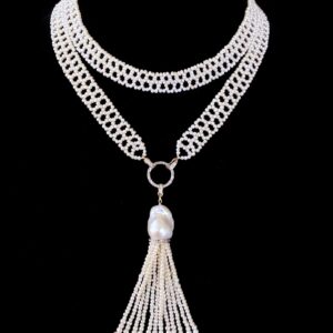 Lace Woven Pearl Sautoir with Diamond Encrusted solid 14k Yellow Gold