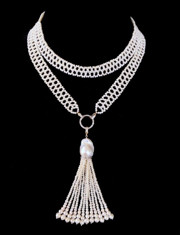 Lace Woven Pearl Sautoir with Diamond Encrusted solid 14k Yellow Gold