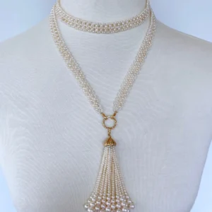 Lace Woven Pearl Sautoir with Diamond & Solid 14k Yellow Gold Tassel