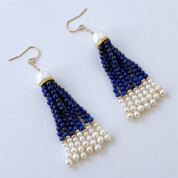 Lapis Lazuli, Pearl, Diamond & 14k Graduated Earrings