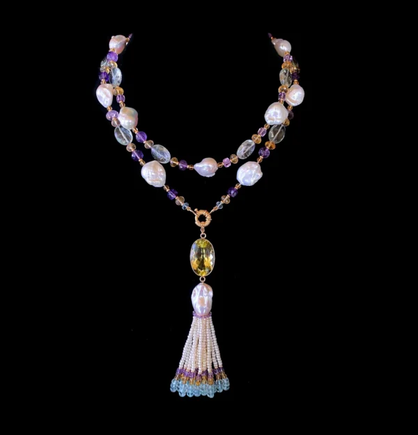 Large Citrine, Pearl & Semi Precious Stone Sautoir in 14k Yellow Gold