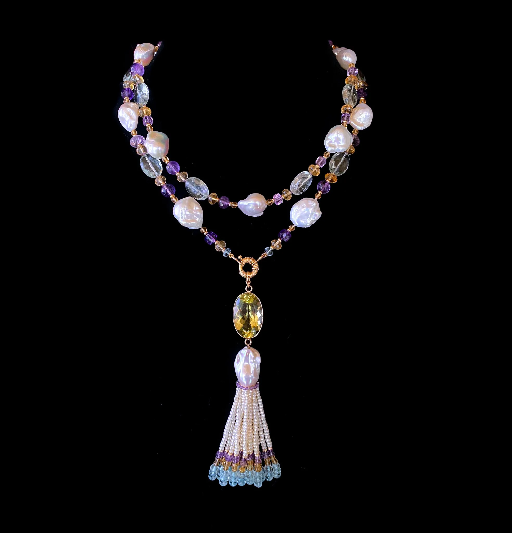 Large Citrine, Pearl & Semi Precious Stone Sautoir in 14k Yellow Gold