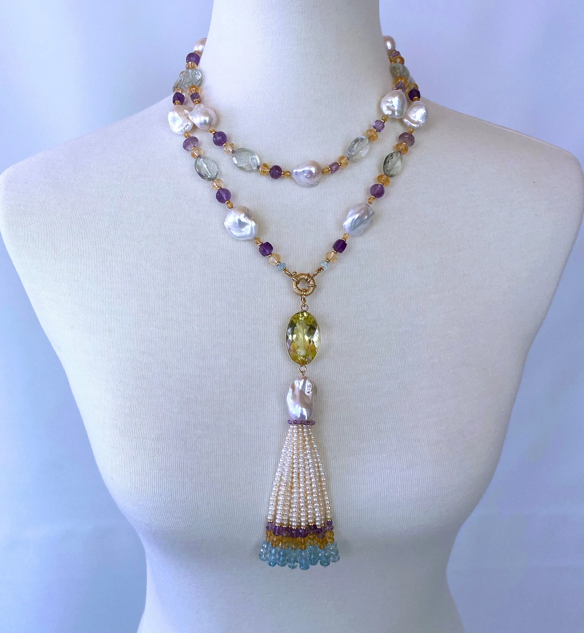 Large Citrine, Pearl & Semi Precious Stone Sautoir in 14k Yellow Gold - Image 2