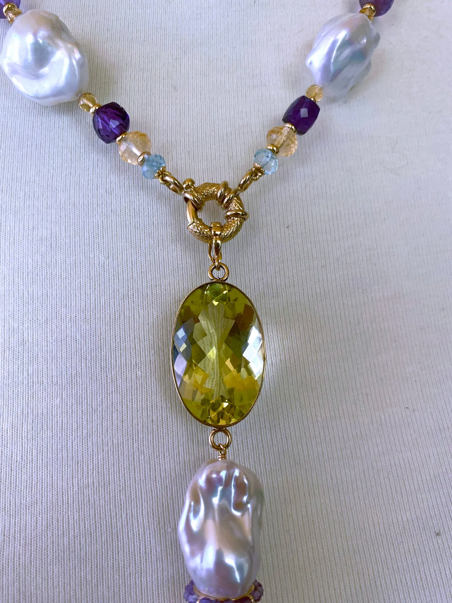 Large Citrine, Pearl & Semi Precious Stone Sautoir in 14k Yellow Gold - Image 3