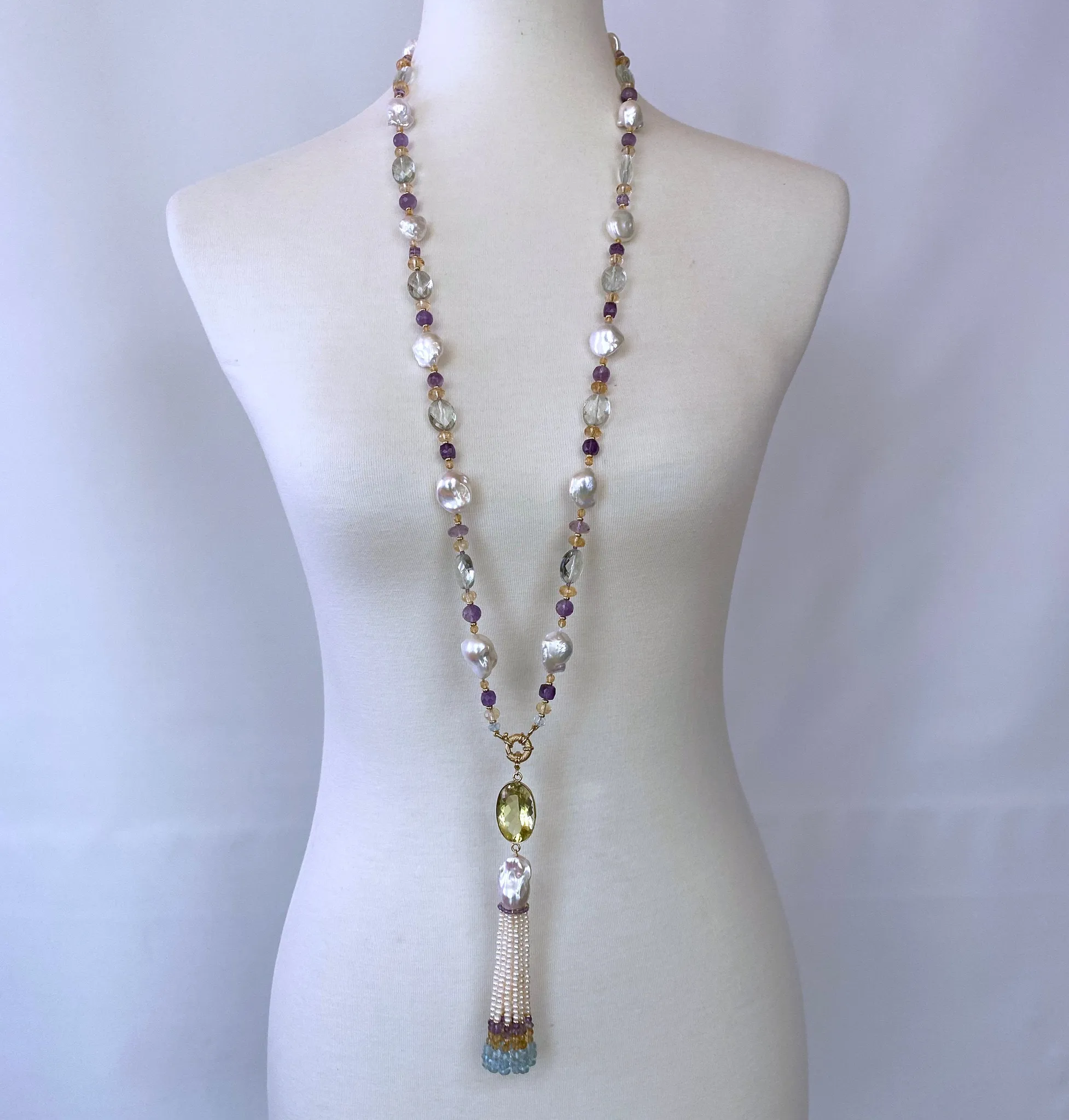 Large Citrine, Pearl & Semi Precious Stone Sautoir in 14k Yellow Gold - Image 4