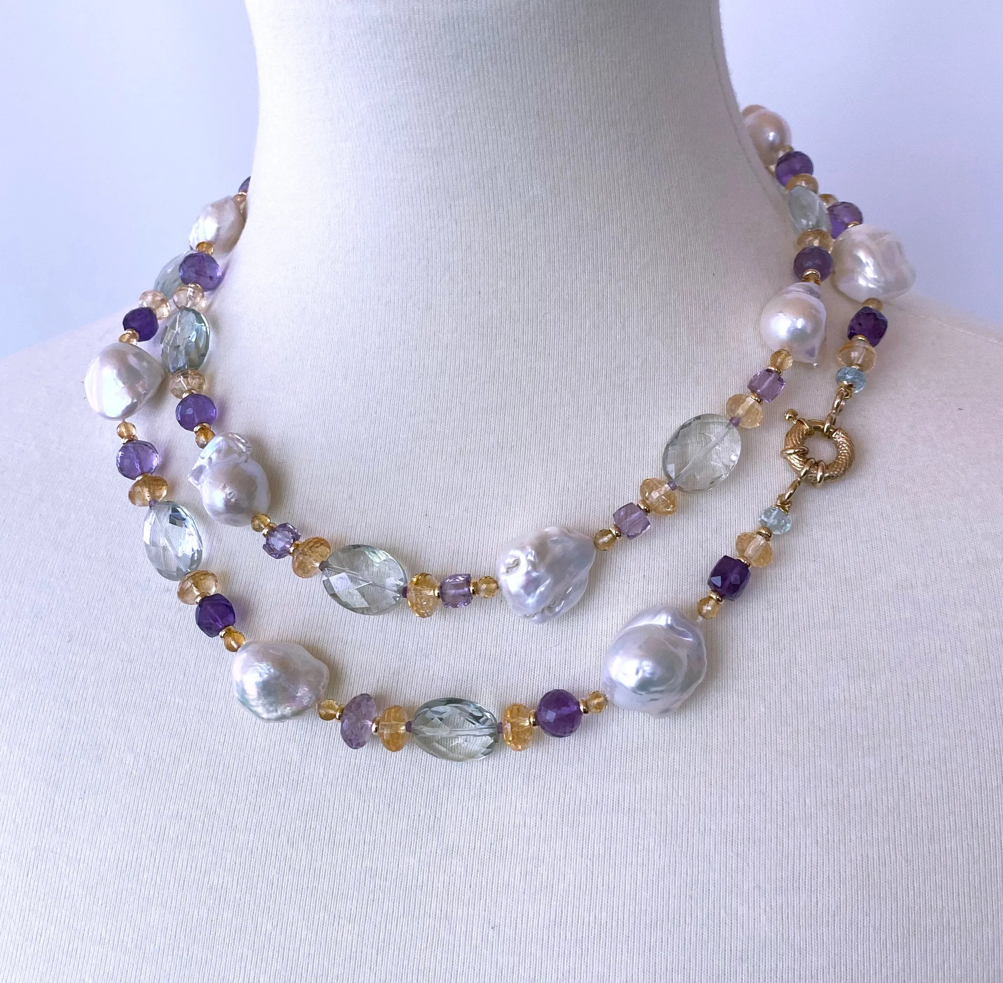 Large Citrine, Pearl & Semi Precious Stone Sautoir in 14k Yellow Gold - Image 5