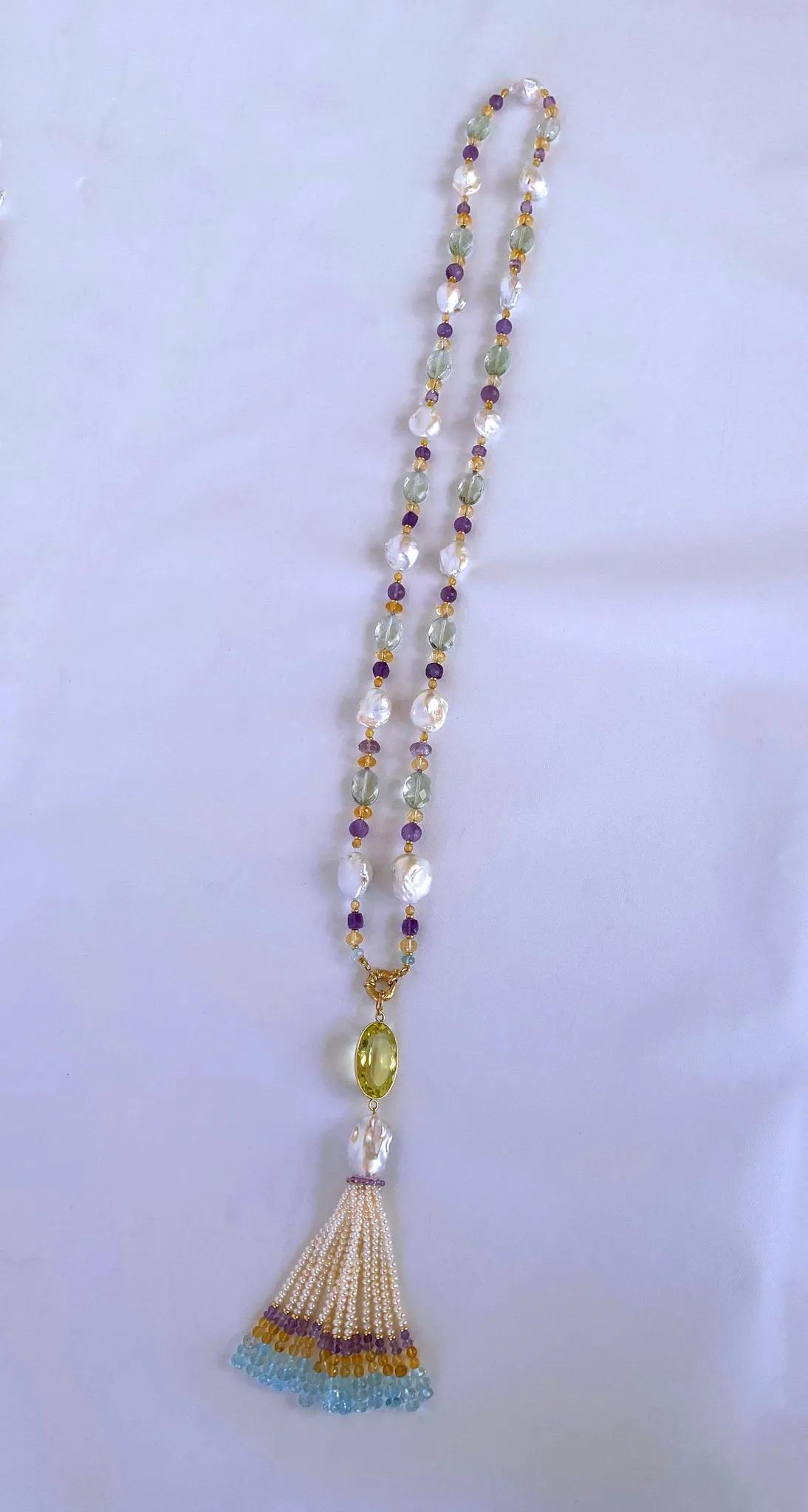 Large Citrine, Pearl & Semi Precious Stone Sautoir in 14k Yellow Gold - Image 6