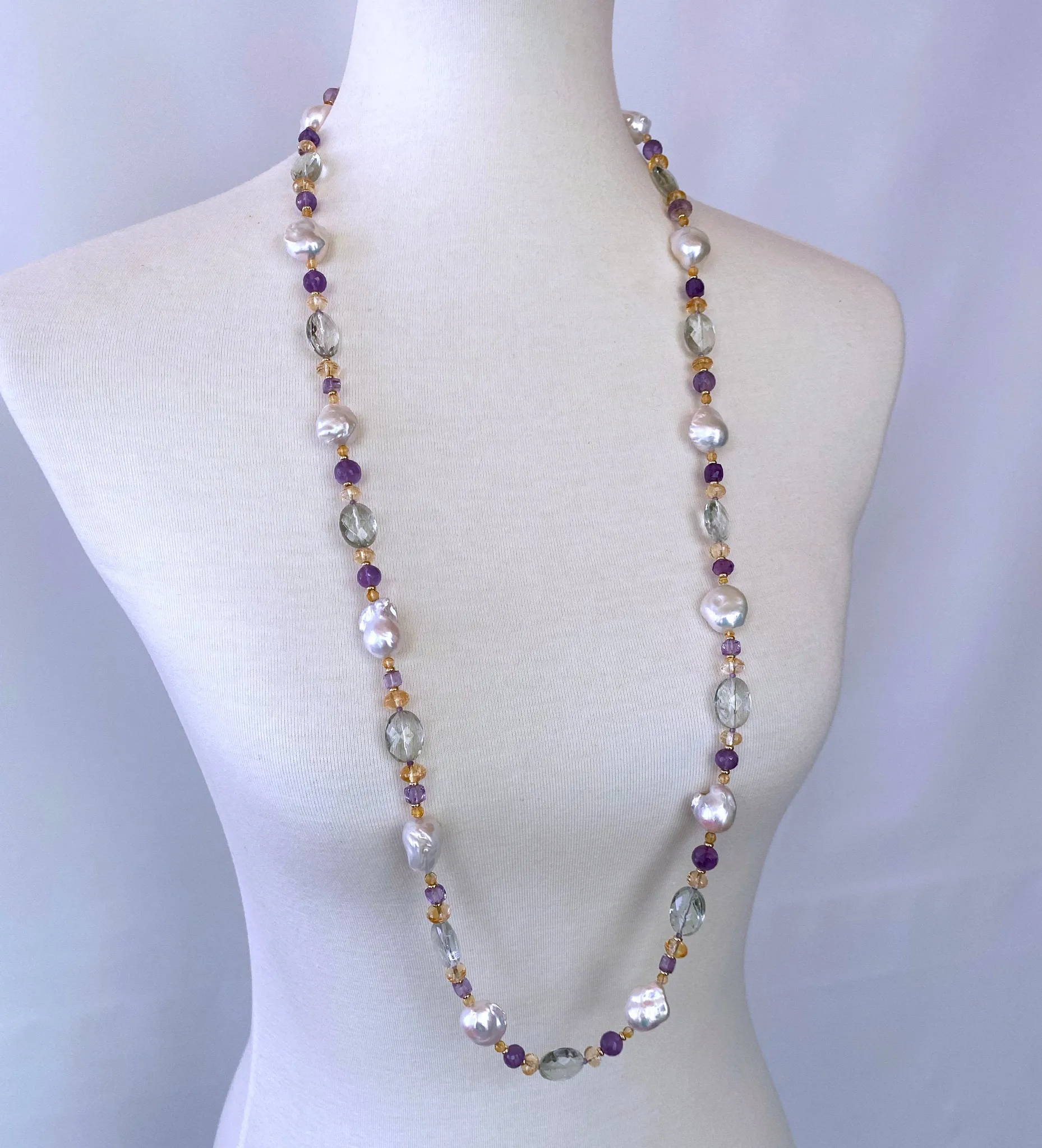 Large Citrine, Pearl & Semi Precious Stone Sautoir in 14k Yellow Gold - Image 7