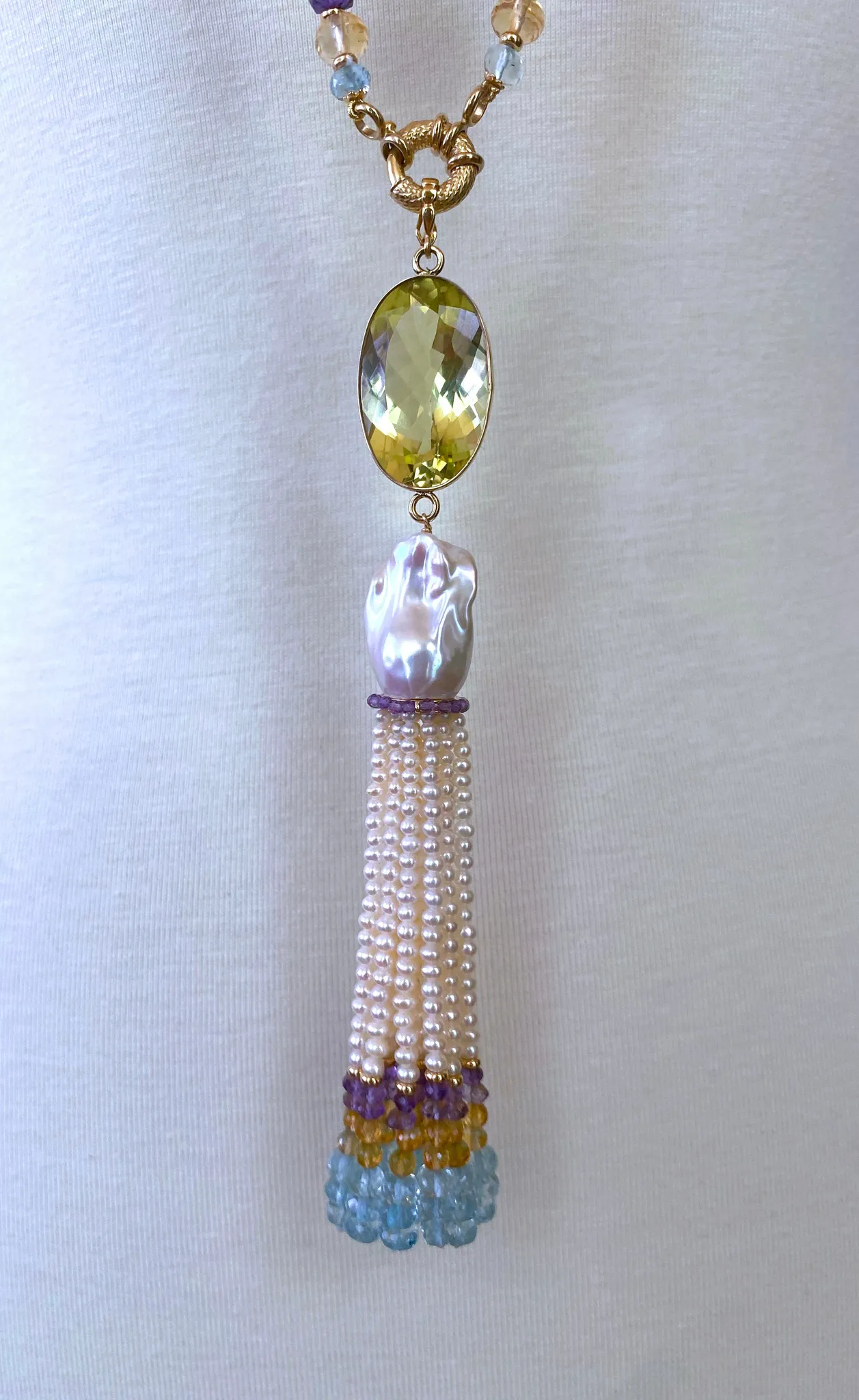 Large Citrine, Pearl & Semi Precious Stone Sautoir in 14k Yellow Gold - Image 8