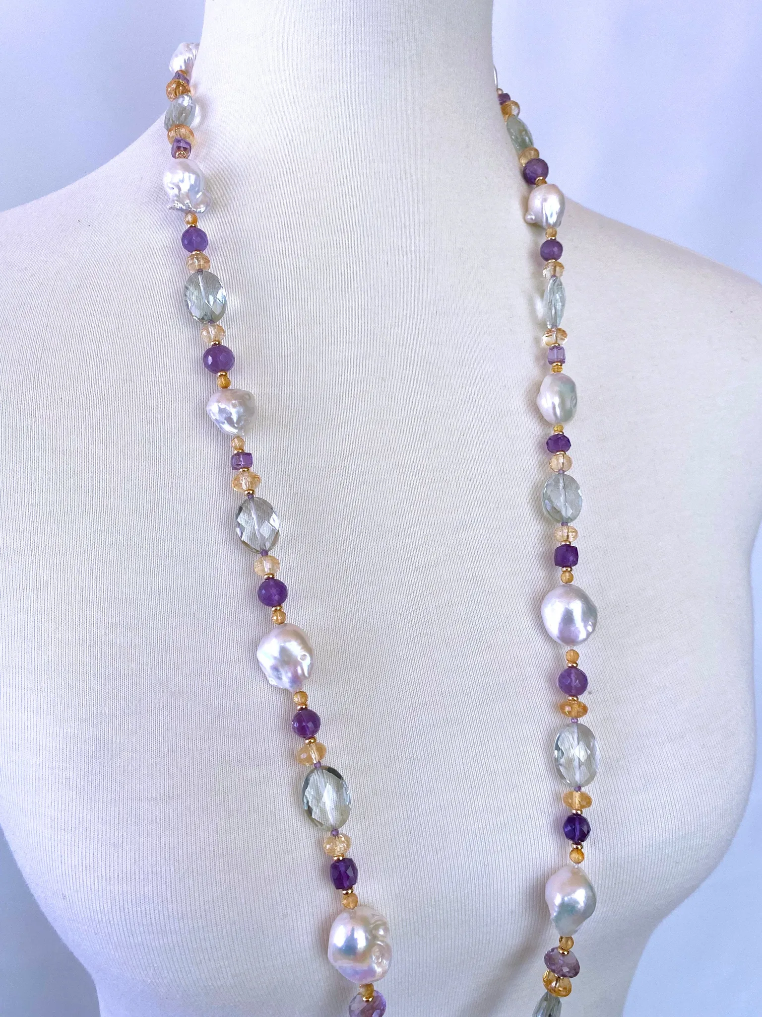 Large Citrine, Pearl & Semi Precious Stone Sautoir in 14k Yellow Gold - Image 9