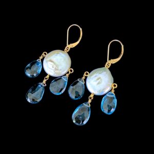 London Blue Topaz, 14k & Baroque Pearl Chandelier Earrings