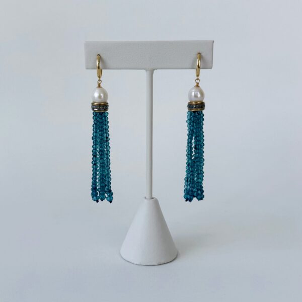 London Blue Topaz, Pearl, Diamond & 14k Tassel Earrings