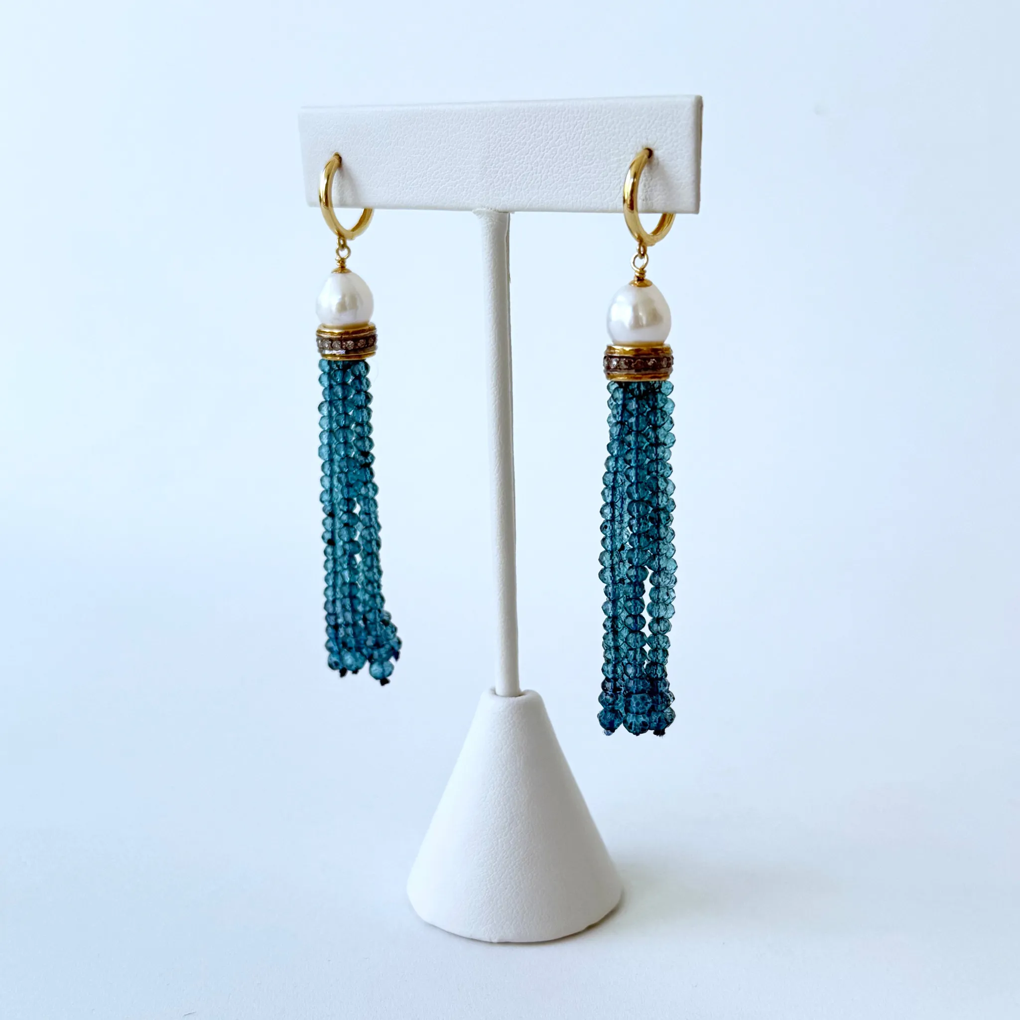 London Blue Topaz, Pearl, Diamond & 14k Tassel Earrings - Image 4