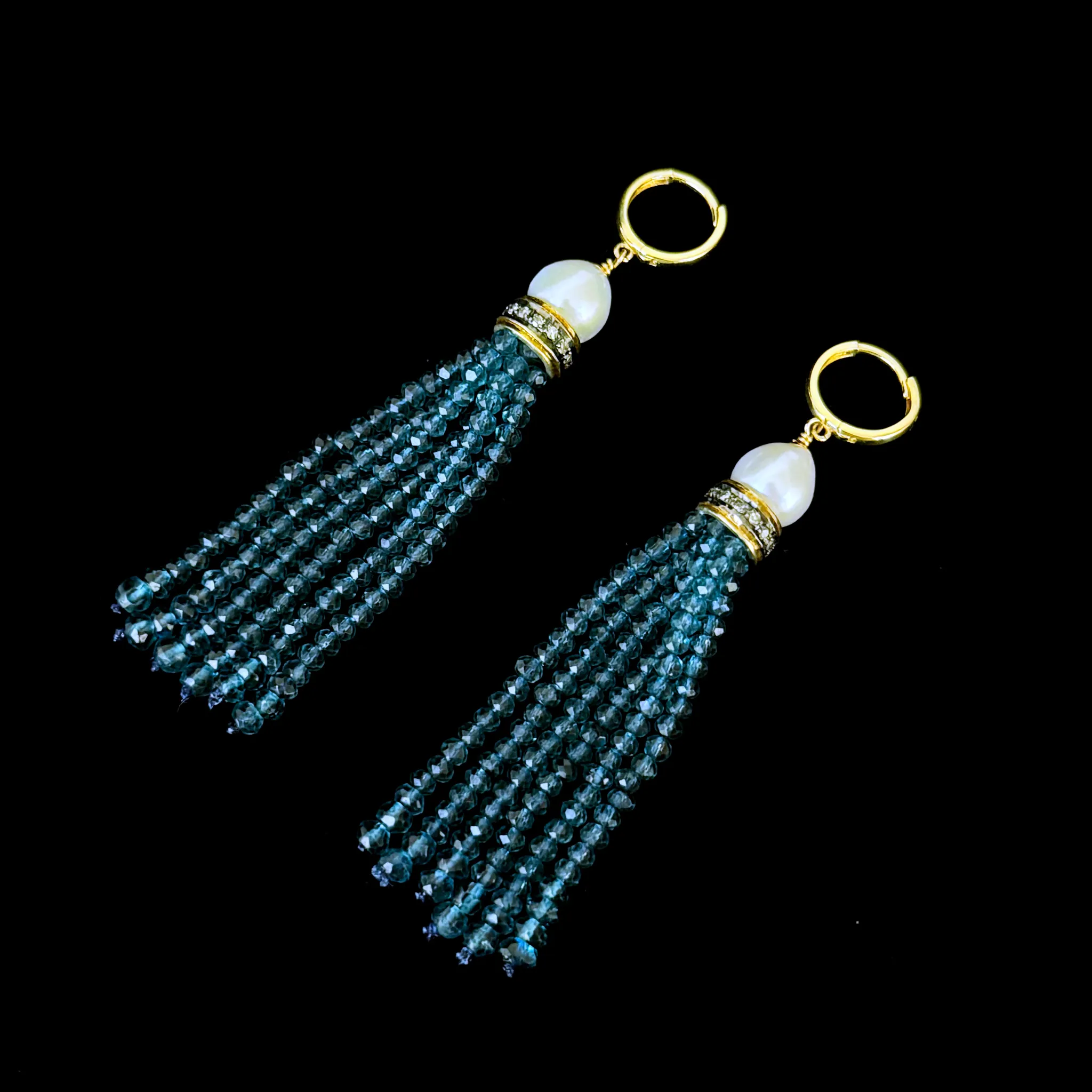 London Blue Topaz, Pearl, Diamond & 14k Tassel Earrings - Image 6