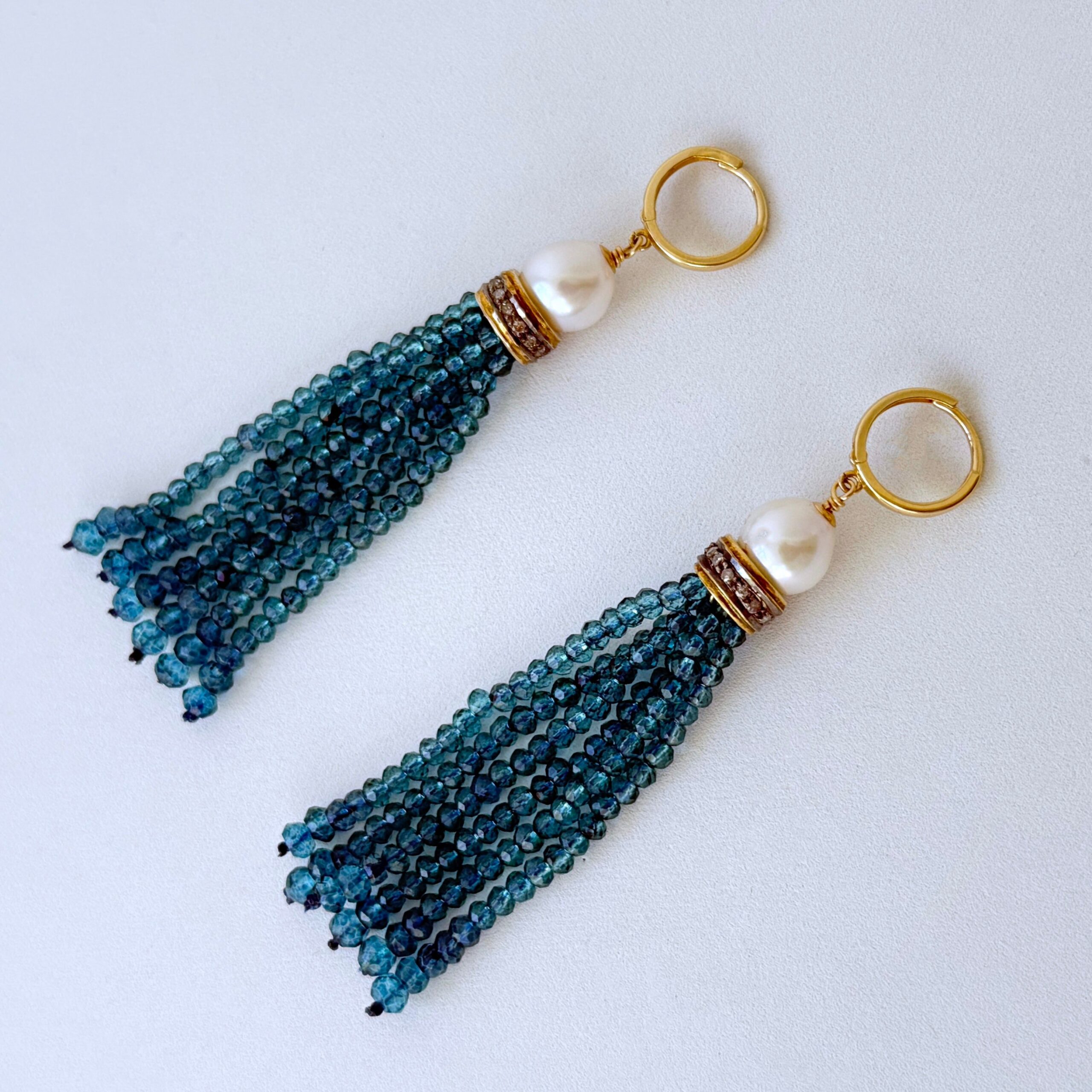 London Blue Topaz, Pearl, Diamond & 14k Tassel Earrings - Image 7