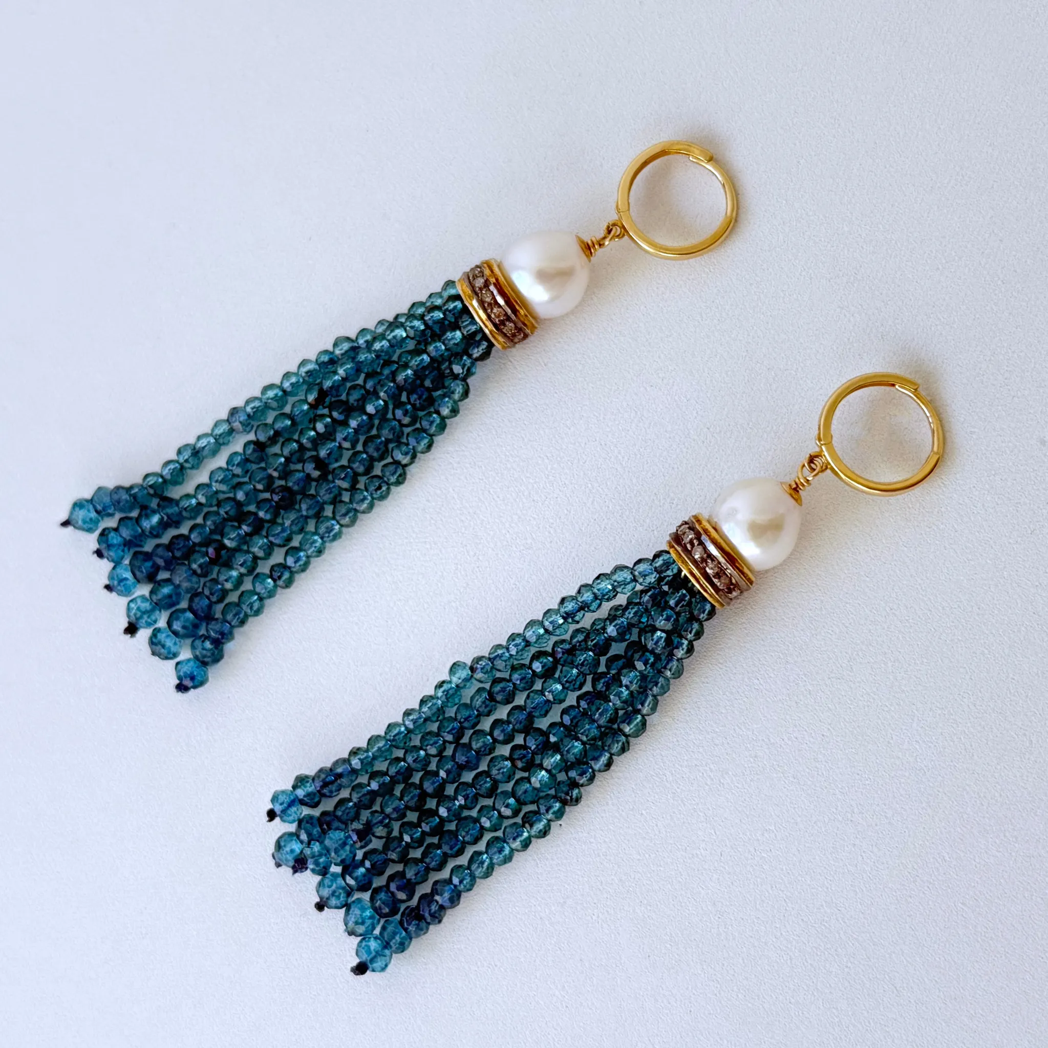 London Blue Topaz, Pearl, Diamond & 14k Tassel Earrings - Image 8