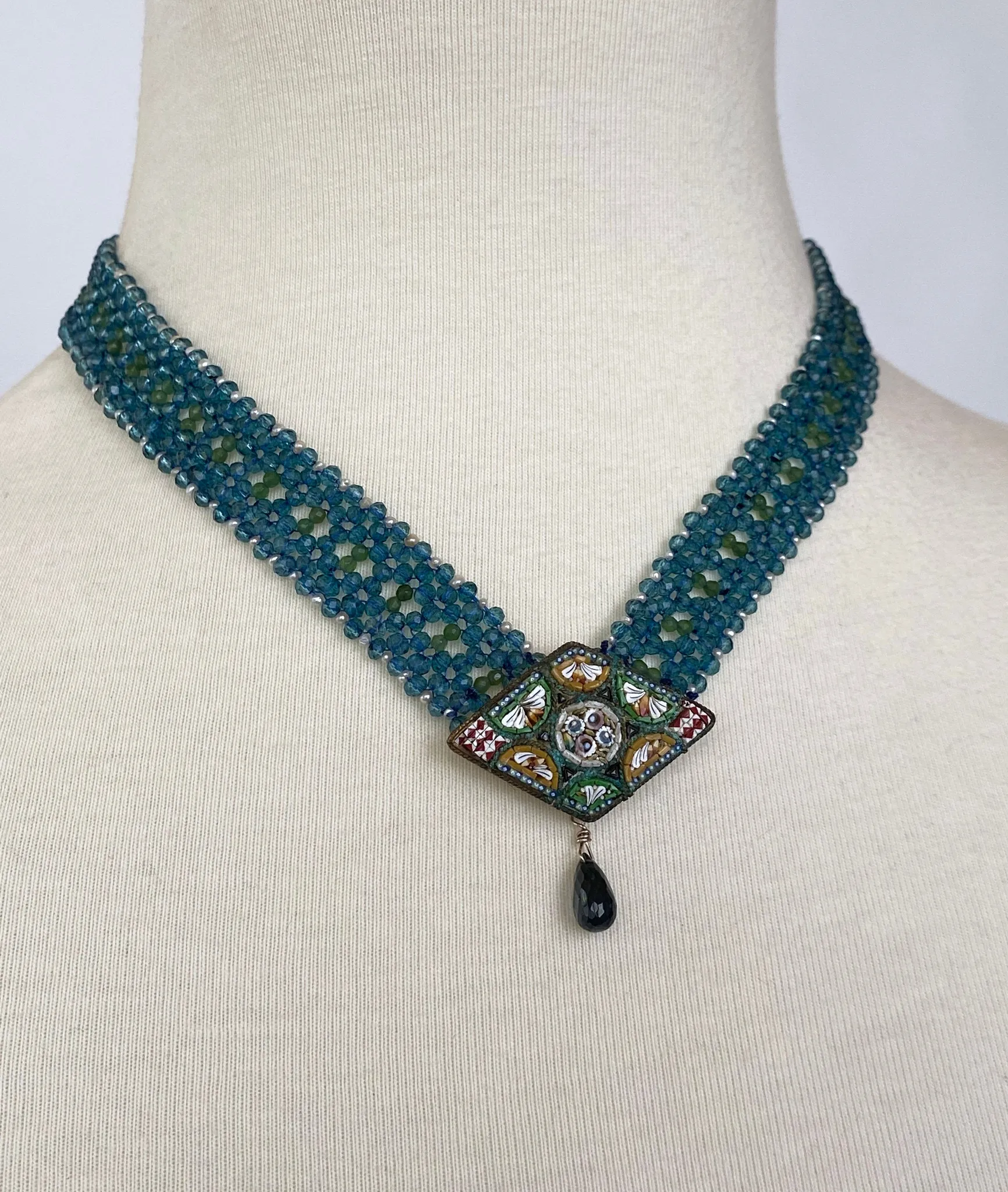 London Blue Topaz, Peridot, Seed Pearl and Vintage Mosaic Necklace - Image 2