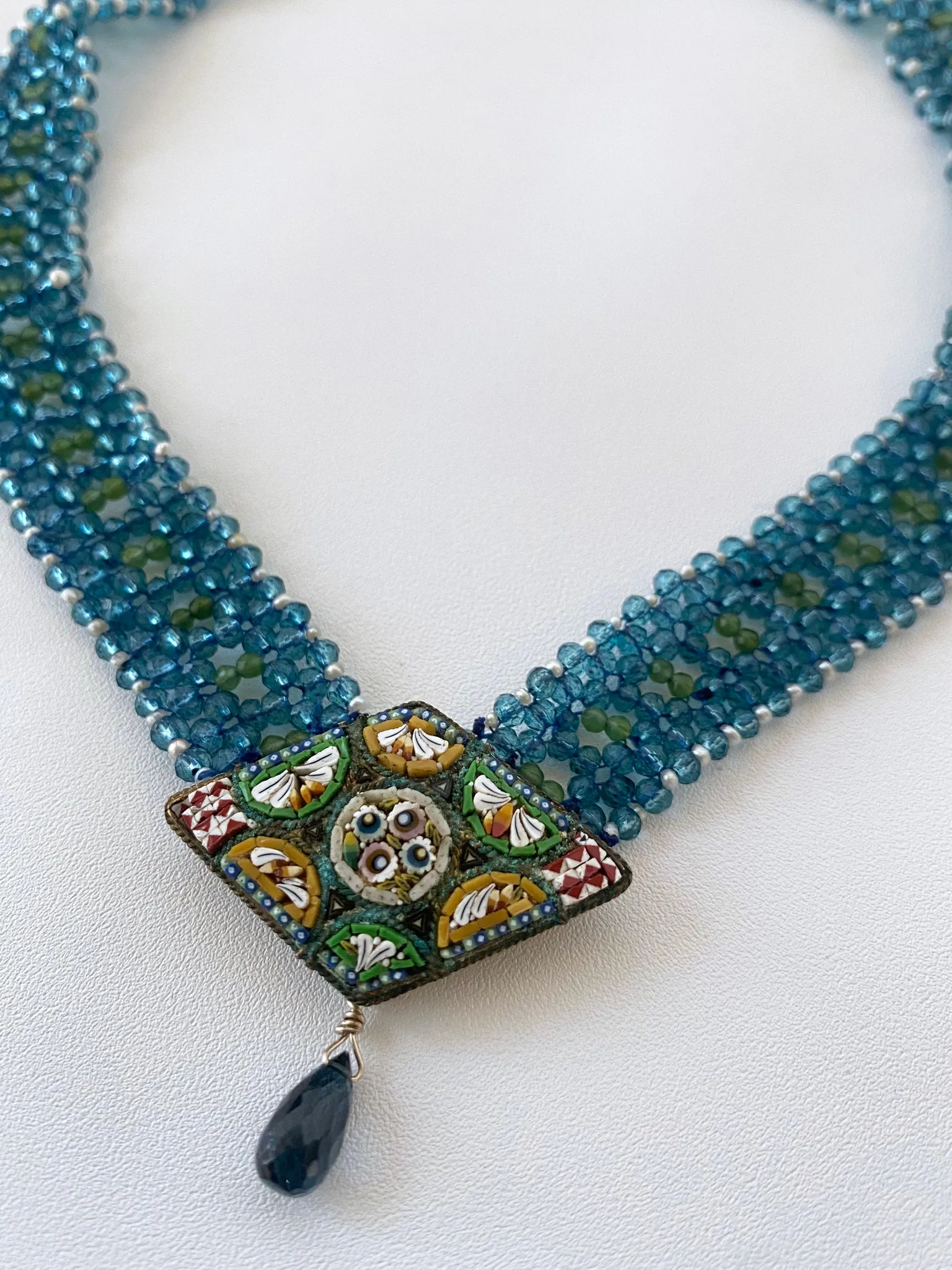London Blue Topaz, Peridot, Seed Pearl and Vintage Mosaic Necklace - Image 4