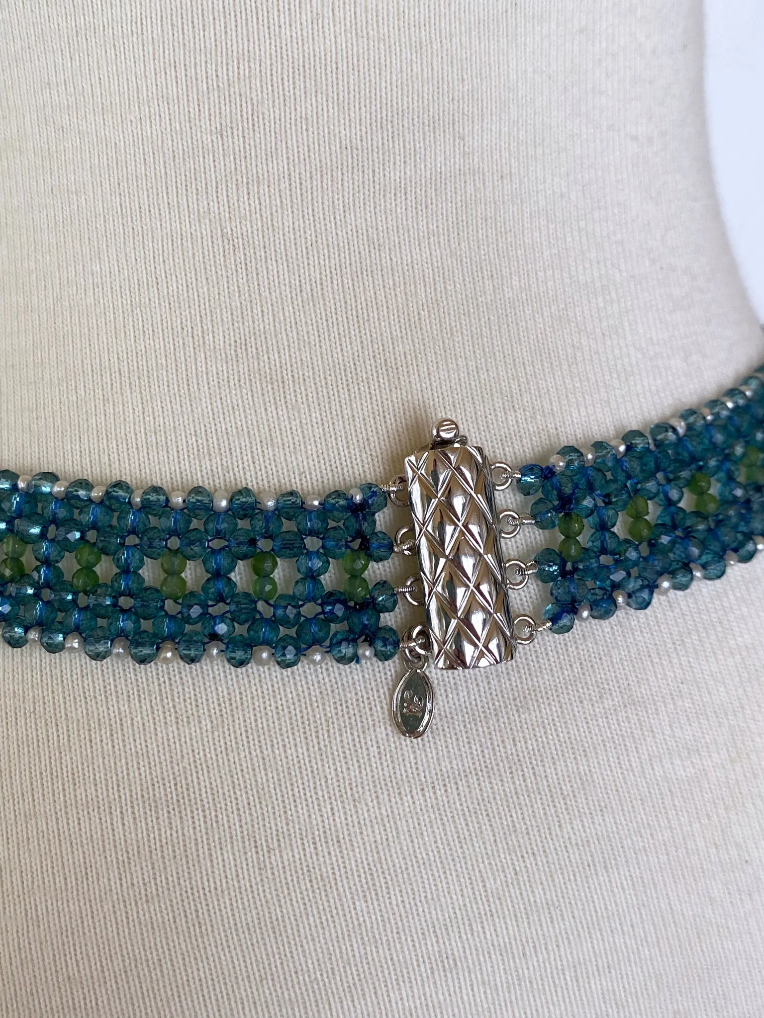 London Blue Topaz, Peridot, Seed Pearl and Vintage Mosaic Necklace - Image 6