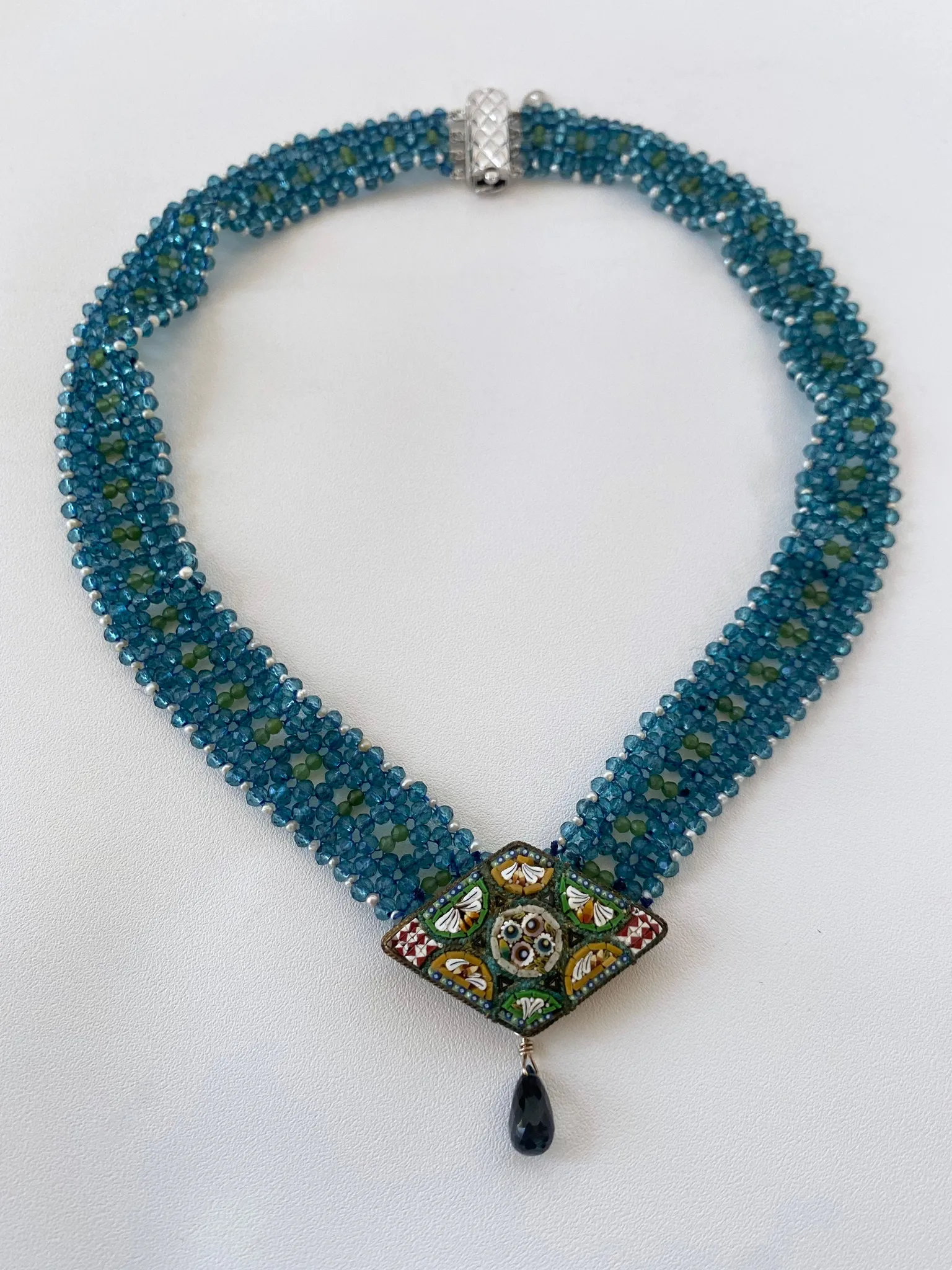 London Blue Topaz, Peridot, Seed Pearl and Vintage Mosaic Necklace - Image 7