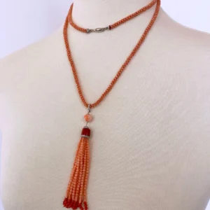 Marian J. Woven Mediterranean Coral Rope Necklace with 14K White Gold and Tassel