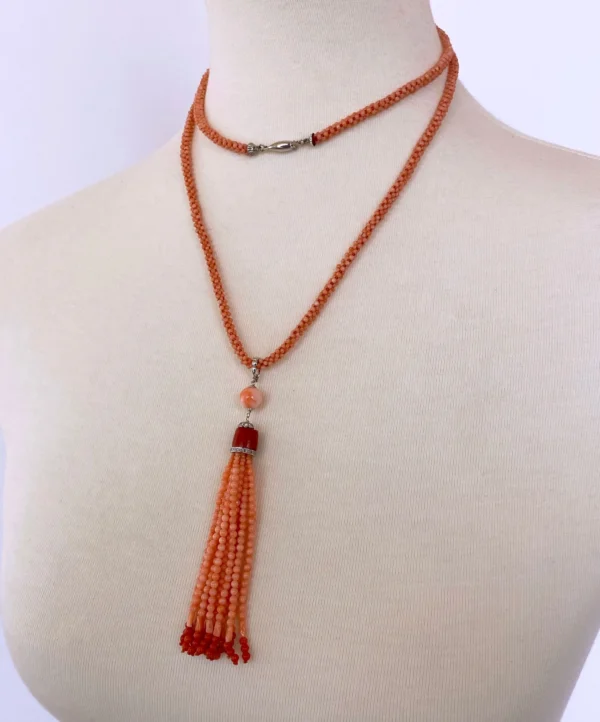 Marian J. Woven Mediterranean Coral Rope Necklace with 14K White Gold and Tassel