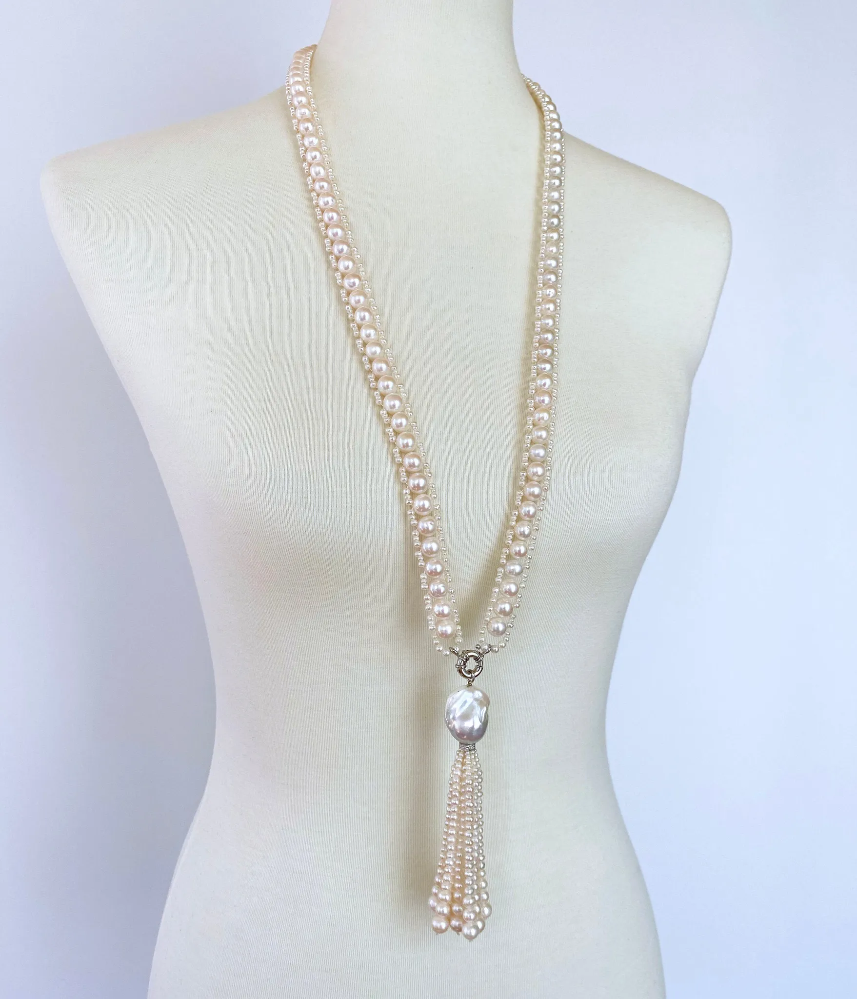 Marina J All Pearl Satuoir with Graduated Pearl Tassel & 14K White Gold