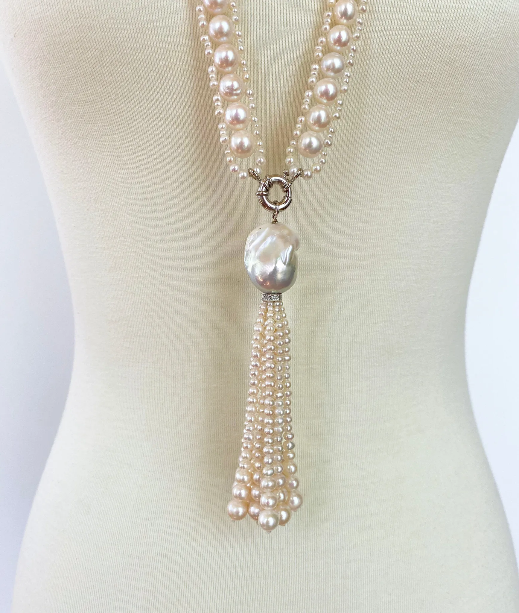 Marina J All Pearl Satuoir with Graduated Pearl Tassel & 14K White Gold - Image 2