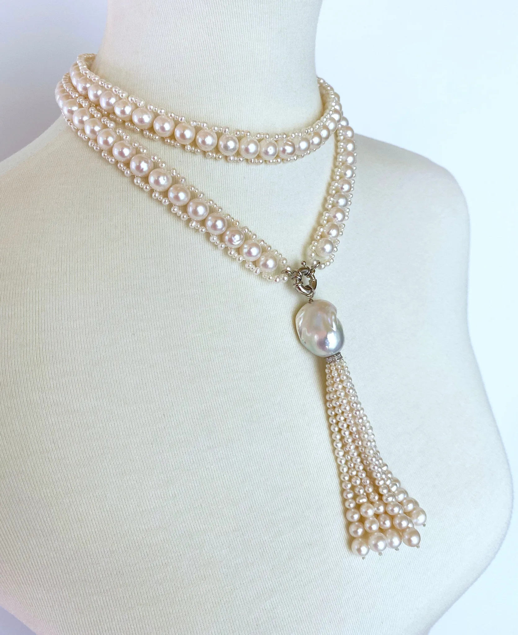 Marina J All Pearl Satuoir with Graduated Pearl Tassel & 14K White Gold - Image 9