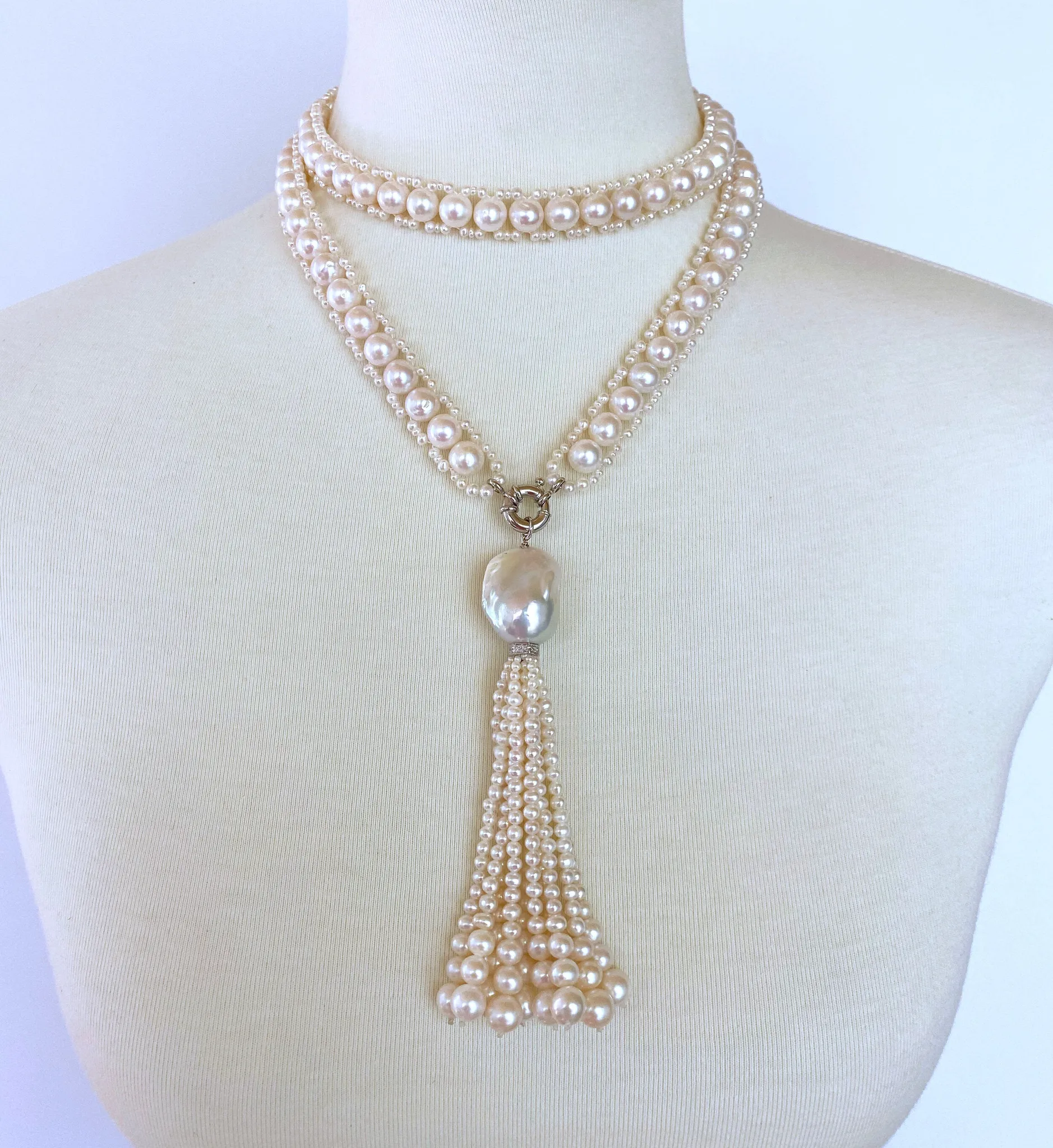 Marina J All Pearl Satuoir with Graduated Pearl Tassel & 14K White Gold - Image 12