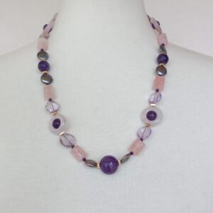 Amethyst, Rose Quartz, Pink Aquamarine & Pearl Necklace with 14k Gold