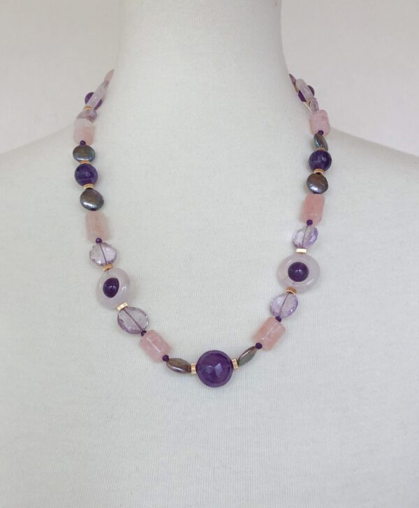 Amethyst, Rose Quartz, Pink Aquamarine & Pearl Necklace with 14k Gold