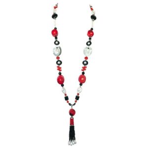 "Art Deco" Sautoir Necklace with Coral, Onyx, Pearl and Tassel