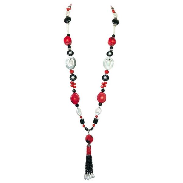 "Art Deco" Sautoir Necklace with Coral, Onyx, Pearl and Tassel