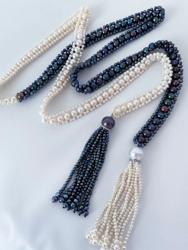 Marina J. Art Deco Style Long Woven Black and White Pearl Sautoir Necklace