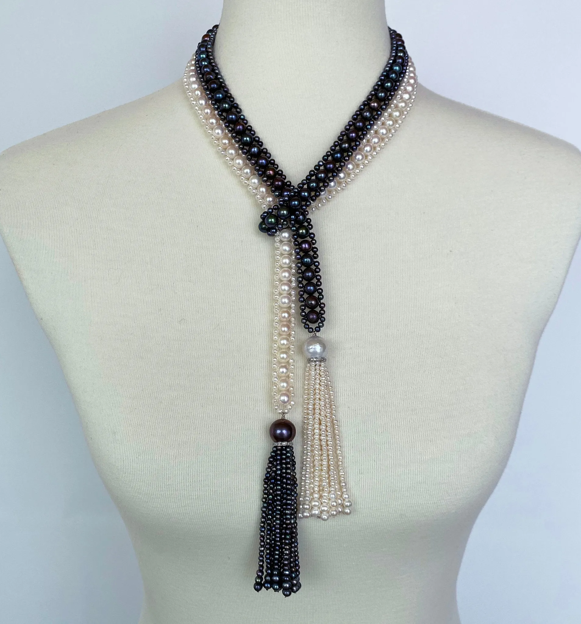 Marina J. Art Deco Style Long Woven Black and White Pearl Sautoir Necklace - Image 2