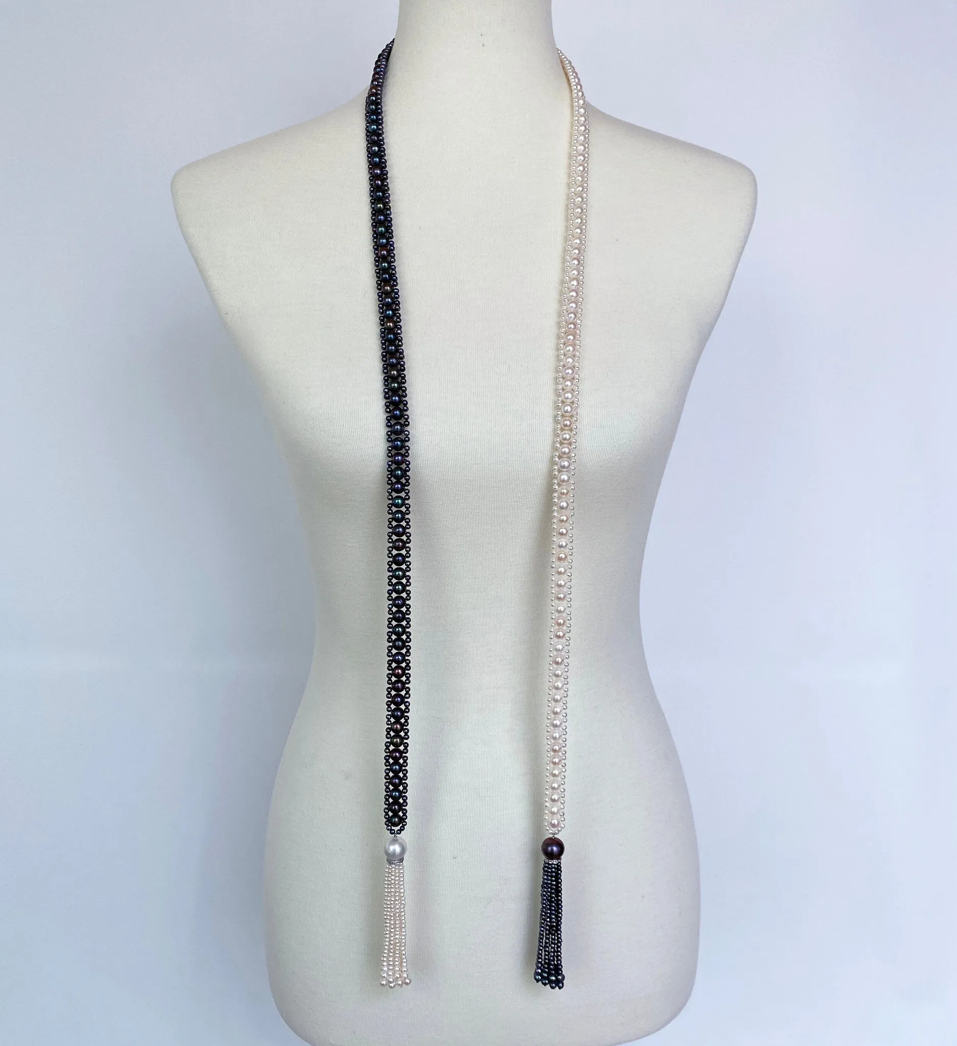 Marina J. Art Deco Style Long Woven Black and White Pearl Sautoir Necklace - Image 3