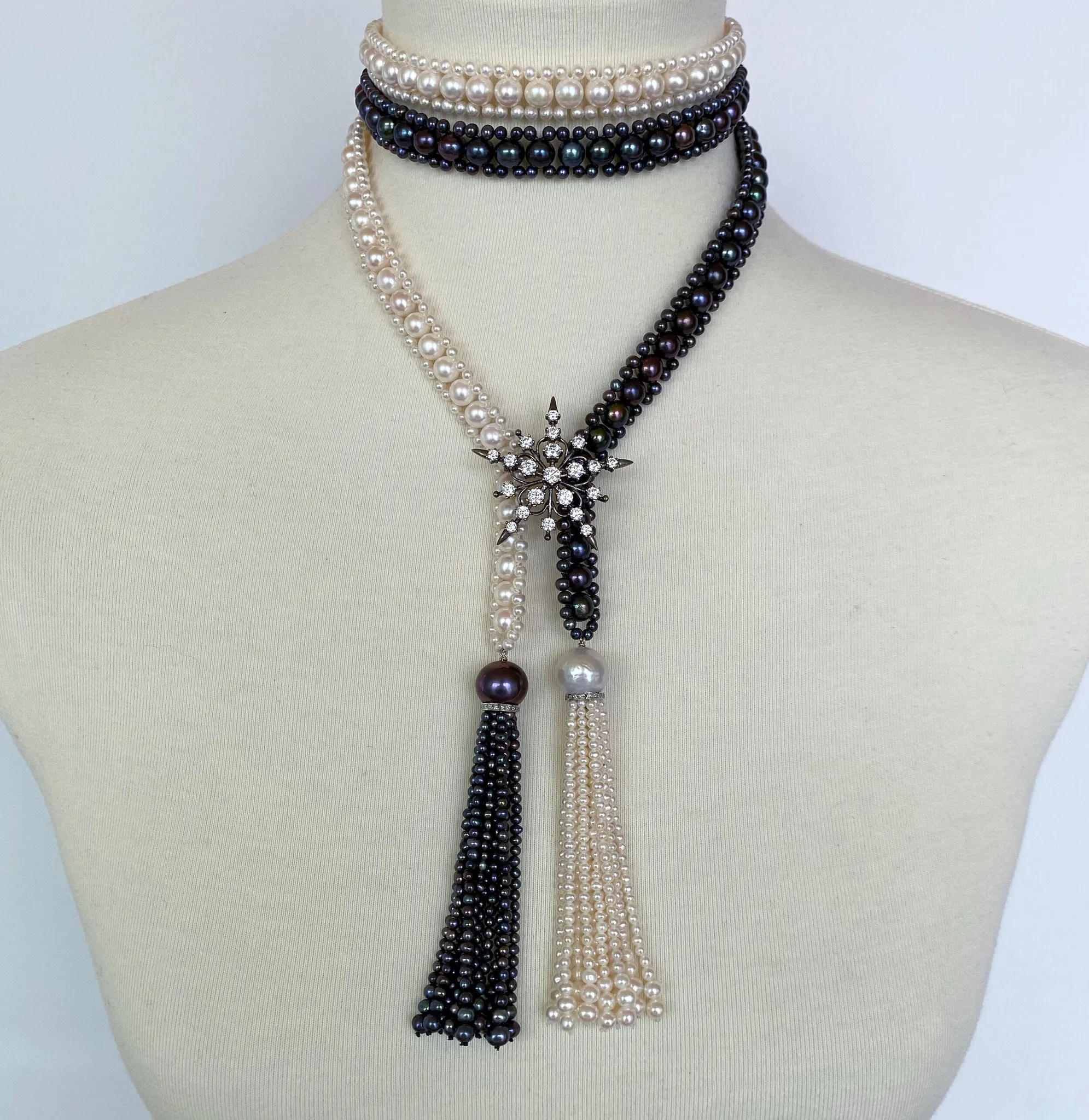 Marina J. Art Deco Style Long Woven Black and White Pearl Sautoir Necklace - Image 4