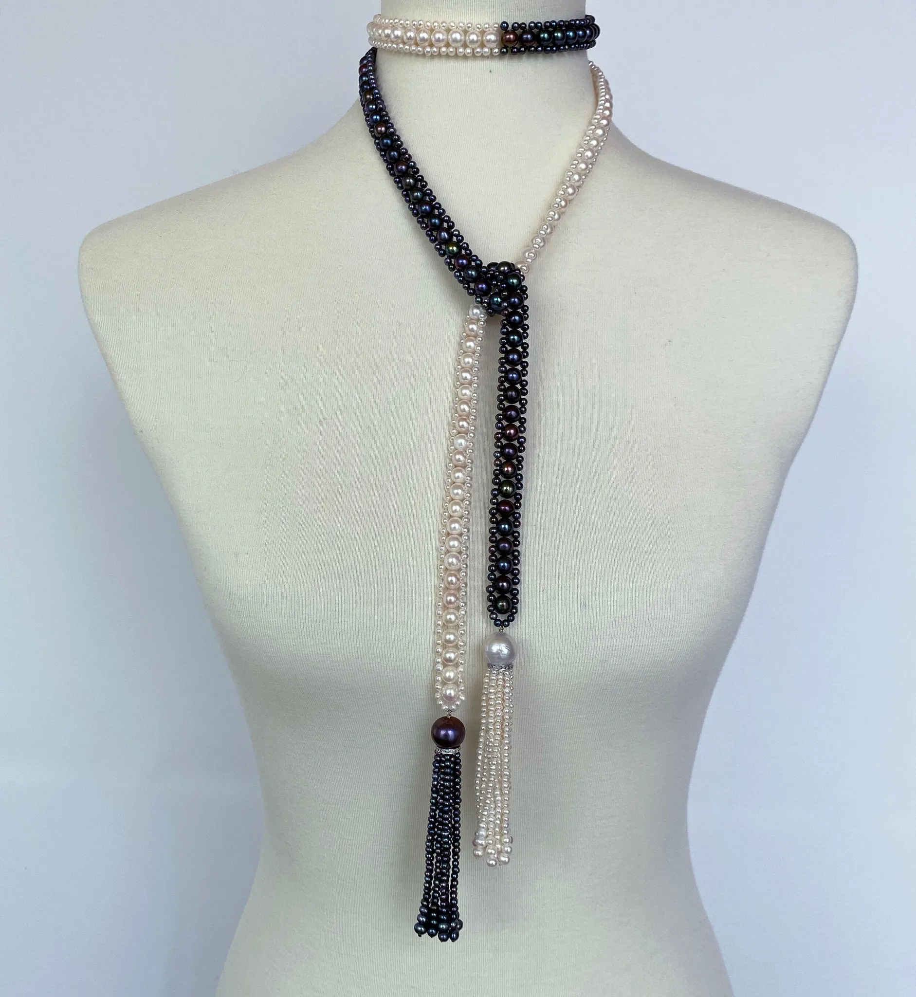 Marina J. Art Deco Style Long Woven Black and White Pearl Sautoir Necklace - Image 5