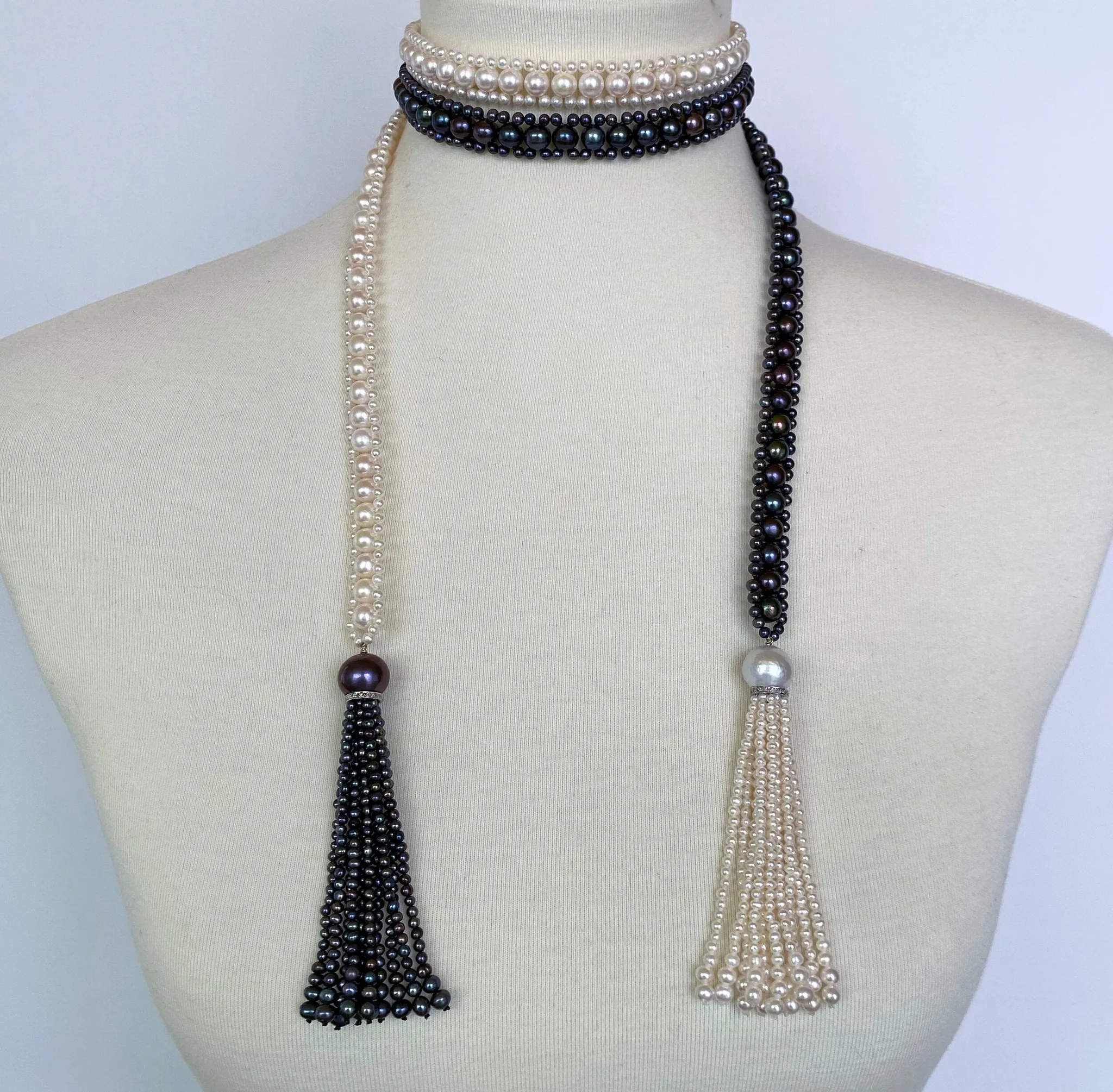Marina J. Art Deco Style Long Woven Black and White Pearl Sautoir Necklace - Image 6