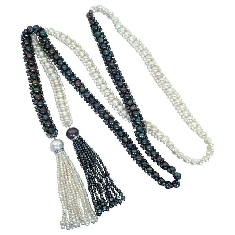 Marina J. Art Deco Style Long Woven Black and White Pearl Sautoir Necklace - Image 7