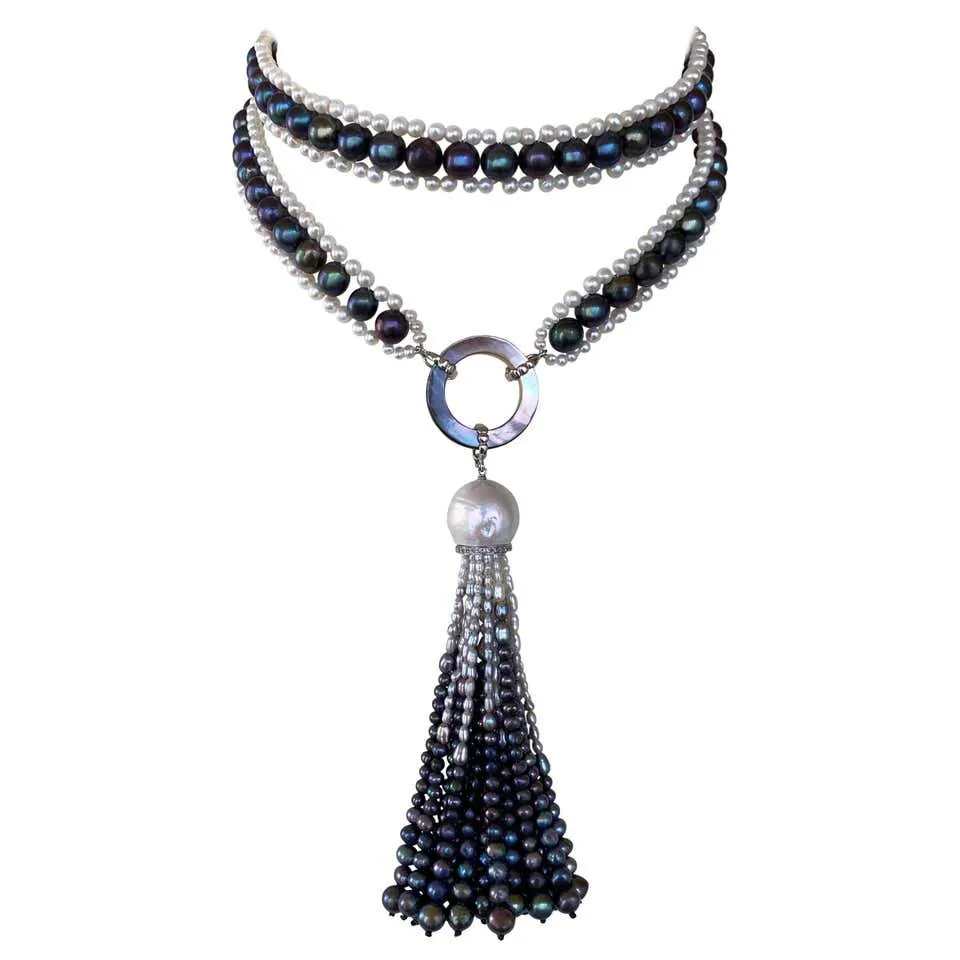 Marina J. Black and White Woven Pearl Sautoir with Abalone Shell & Ombre Tassel - Image 2