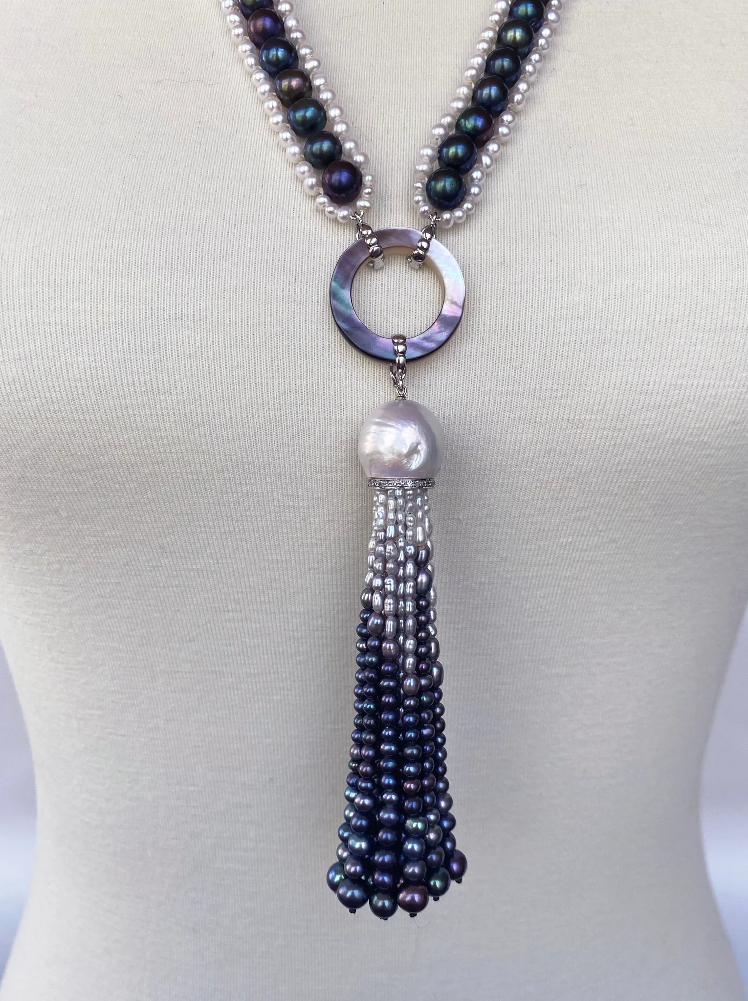 Marina J. Black and White Woven Pearl Sautoir with Abalone Shell & Ombre Tassel - Image 3