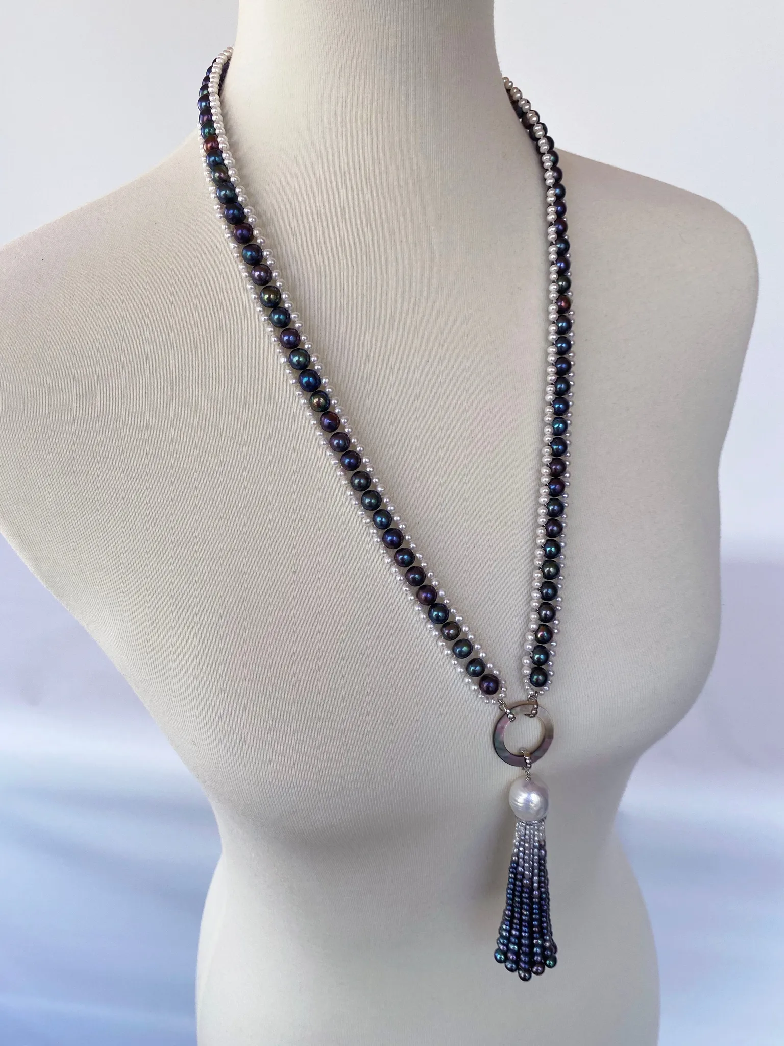 Marina J. Black and White Woven Pearl Sautoir with Abalone Shell & Ombre Tassel - Image 4
