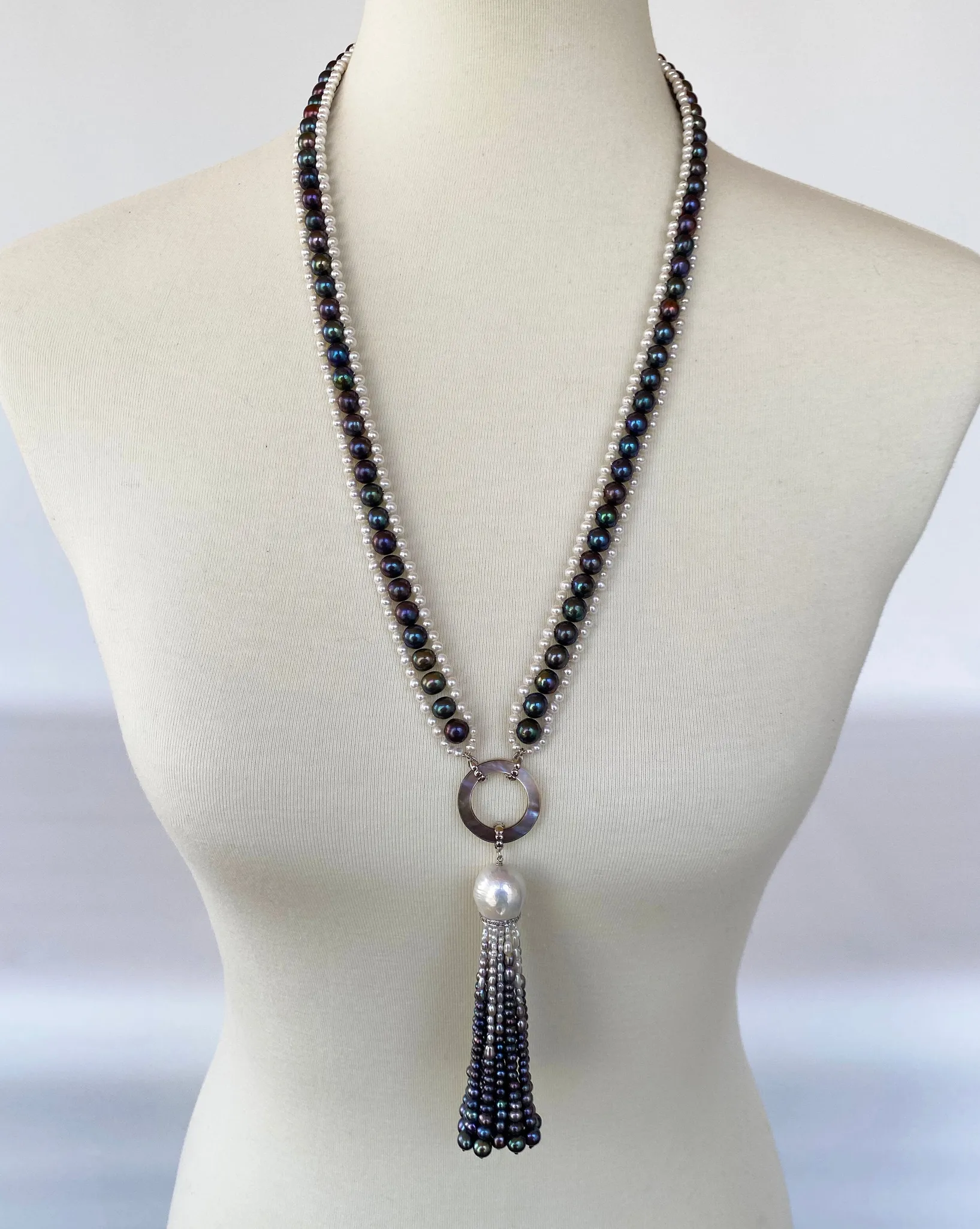 Marina J. Black and White Woven Pearl Sautoir with Abalone Shell & Ombre Tassel - Image 5