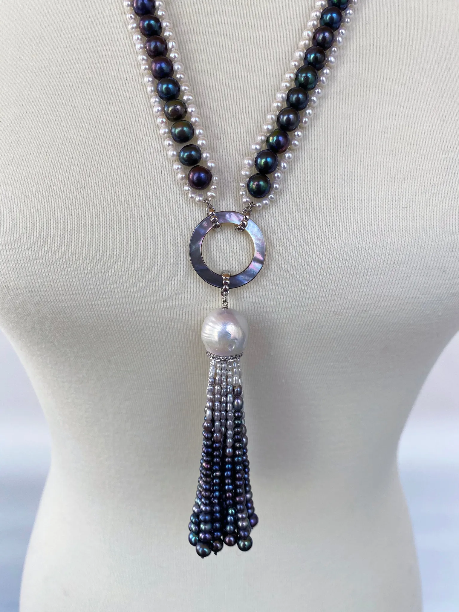 Marina J. Black and White Woven Pearl Sautoir with Abalone Shell & Ombre Tassel - Image 6