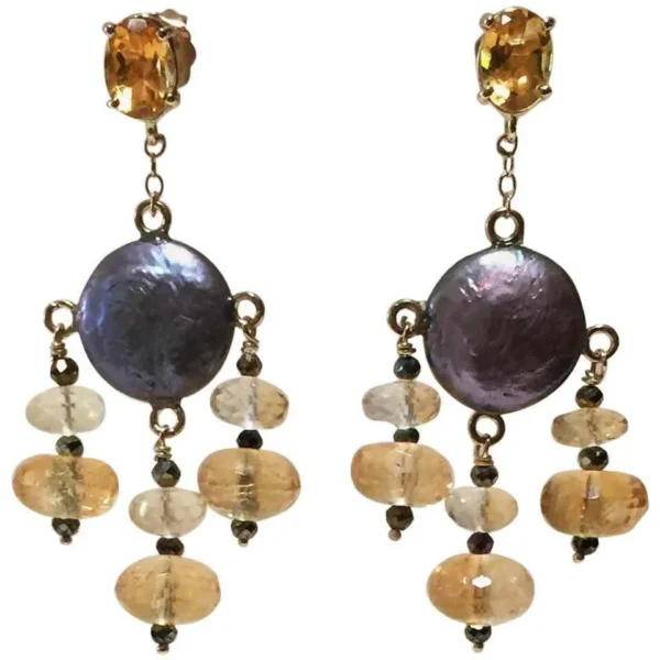 Marina J. Black Pearl Earrings with Spinel and Citrine with 14K Yellow Gold