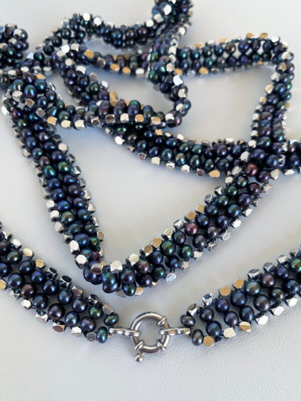 Black Pearl & Rhodium Silver Sautoir with Removable Hematite Tassel